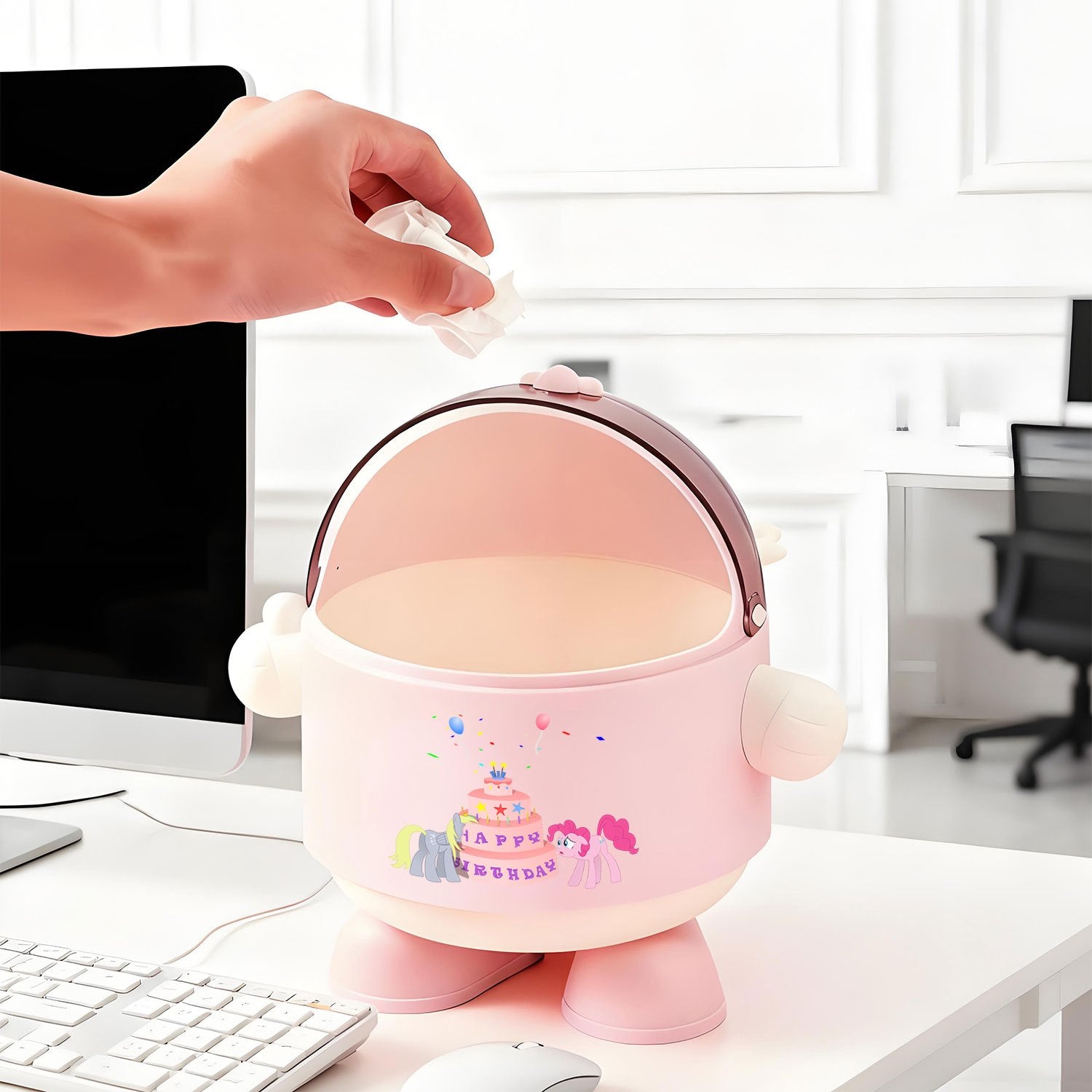 MY LITTLE PONY Plastic Trash Bin with Lid | Bedroom Countertop Waste Bin, Office Small Trash Can with Ear Decorations, Transparent Top, Cute Round Shape, Thumbs Up Gesture