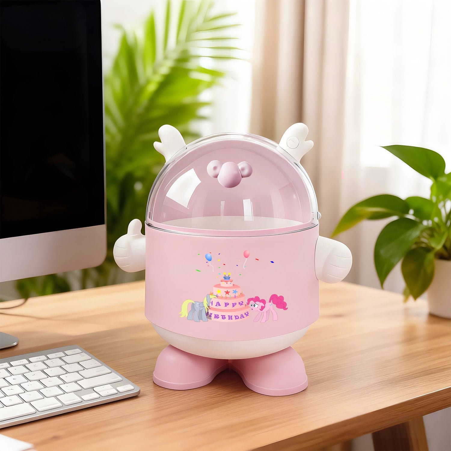 MY LITTLE PONY Plastic Trash Bin with Lid | Bedroom Countertop Waste Bin, Office Small Trash Can with Ear Decorations, Transparent Top, Cute Round Shape, Thumbs Up Gesture