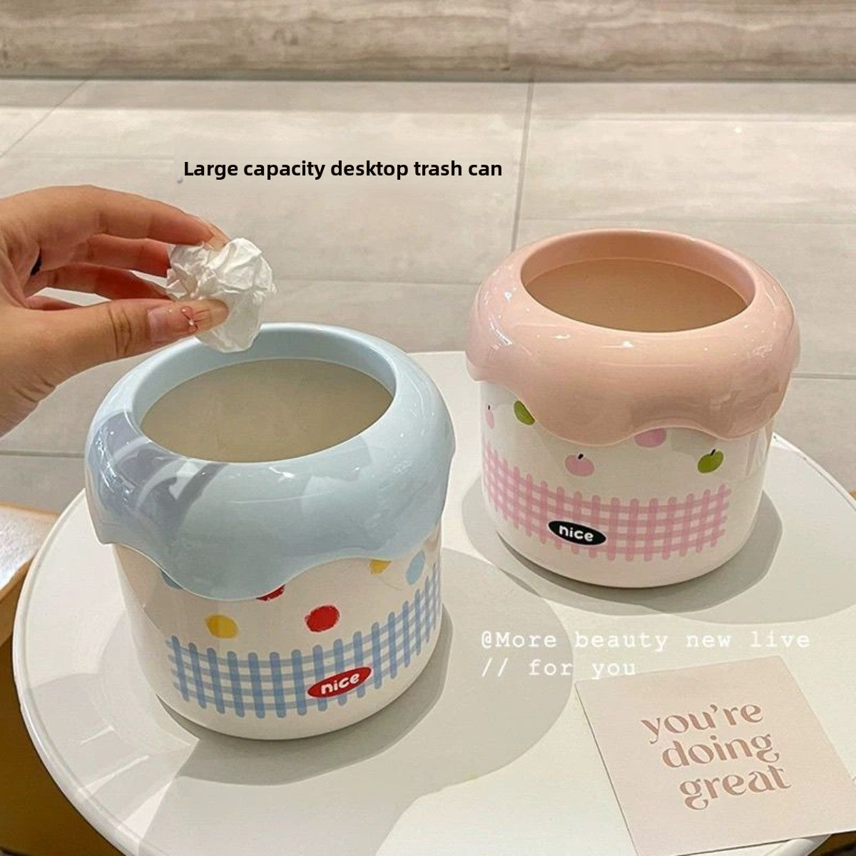 1pc Cute and Stylish Office Covered Storage Bin | Adorable Plastic Wastebasket, Oval Shape, No Electricity Needed