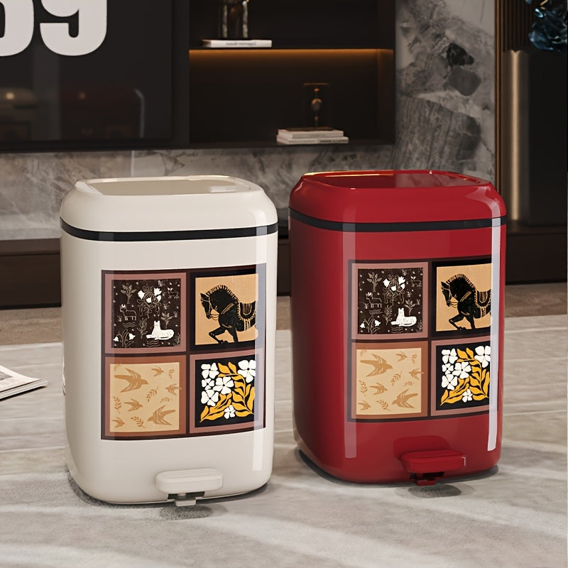 20L\u002F5.28Gal, a Covered Trash Can, Plastic Kitchen Waste Bin, Office Trash Can with an Inner Bucket, Foot-Operated Bathroom Bin, Kitchen Compost Bin, Featuring Unique Patterns And Exquisite Design, Available in White And Burgundy