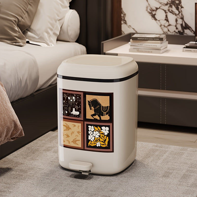 20L\u002F5.28Gal, a Covered Trash Can, Plastic Kitchen Waste Bin, Office Trash Can with an Inner Bucket, Foot-Operated Bathroom Bin, Kitchen Compost Bin, Featuring Unique Patterns And Exquisite Design, Available in White And Burgundy