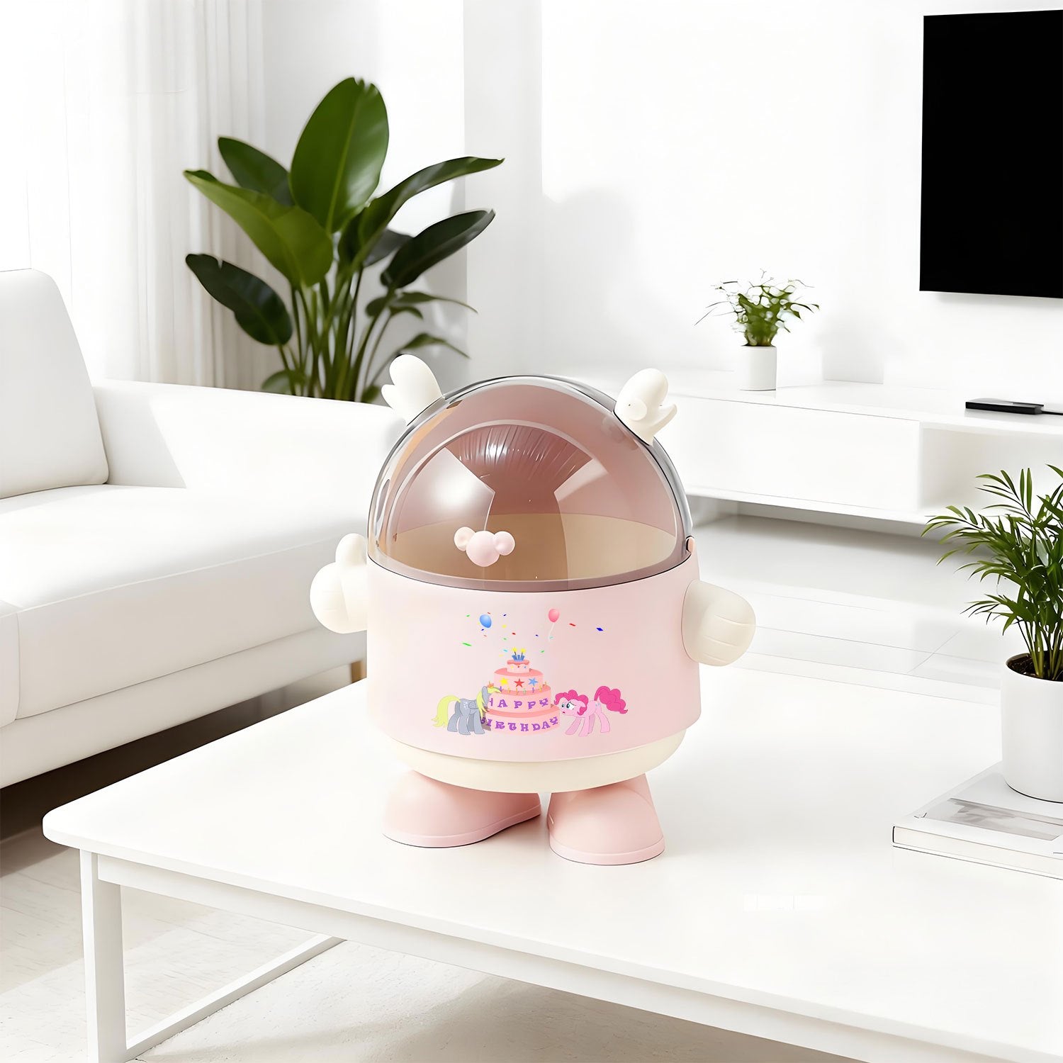 MY LITTLE PONY Plastic Trash Bin with Lid | Bedroom Countertop Waste Bin, Office Small Trash Can with Ear Decorations, Transparent Top, Cute Round Shape, Thumbs Up Gesture