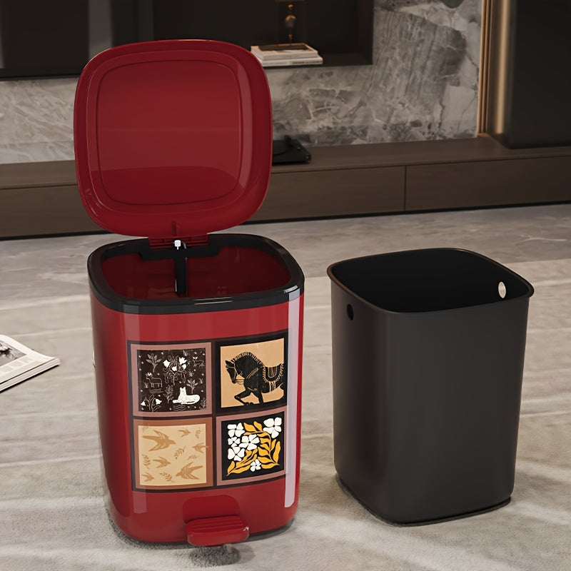 20L\u002F5.28Gal, a Covered Trash Can, Plastic Kitchen Waste Bin, Office Trash Can with an Inner Bucket, Foot-Operated Bathroom Bin, Kitchen Compost Bin, Featuring Unique Patterns And Exquisite Design, Available in White And Burgundy