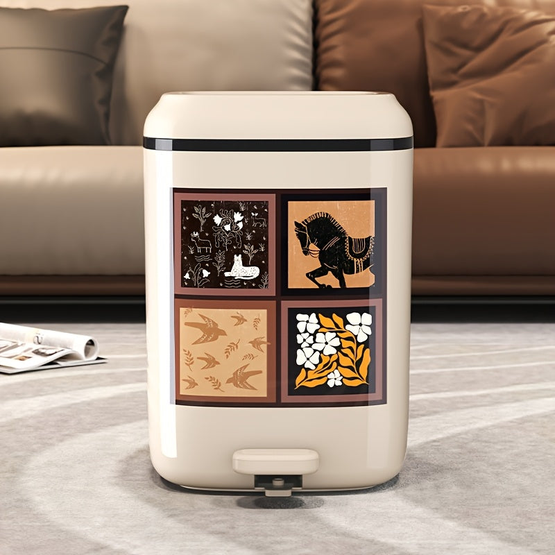 20L\u002F5.28Gal, a Covered Trash Can, Plastic Kitchen Waste Bin, Office Trash Can with an Inner Bucket, Foot-Operated Bathroom Bin, Kitchen Compost Bin, Featuring Unique Patterns And Exquisite Design, Available in White And Burgundy