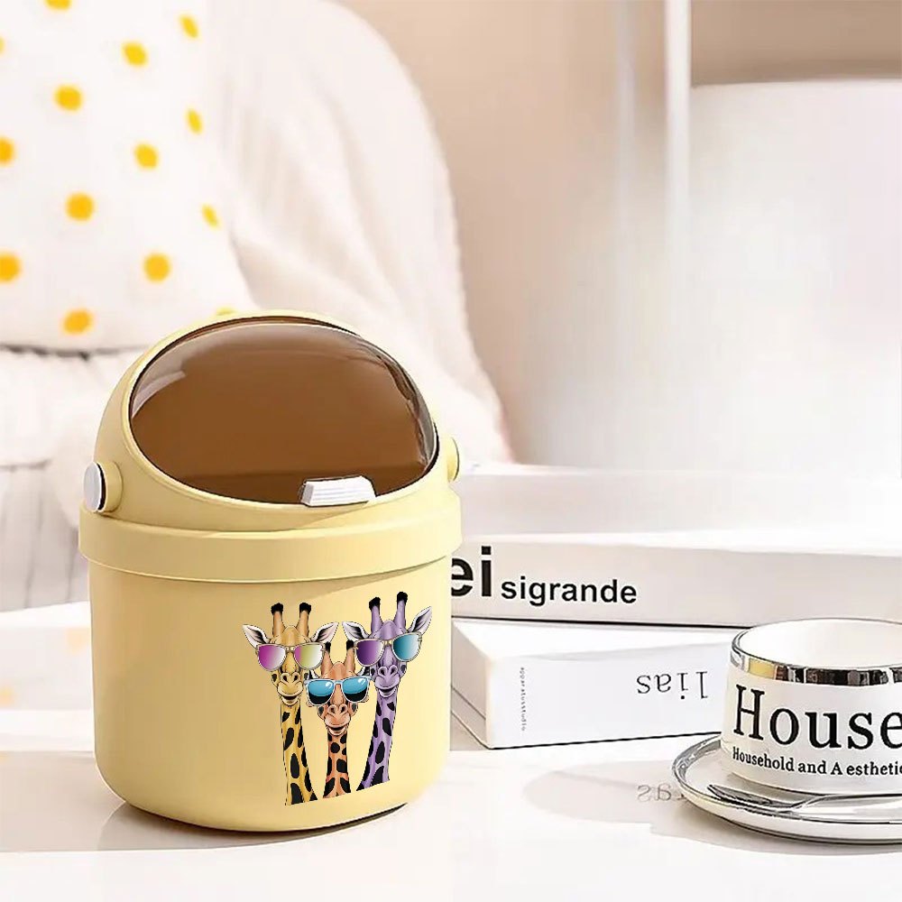 Valentine'S Day Gift, Cute Giraffe with Glasses Desktop Paper Basket, Small Press-Top Waste Bin for Home Office, Living Room Decor, Mini Trash Can with Lid
