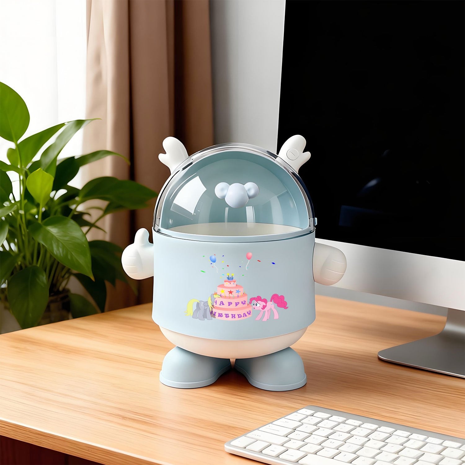 MY LITTLE PONY Plastic Trash Bin with Lid | Bedroom Countertop Waste Bin, Office Small Trash Can with Ear Decorations, Transparent Top, Cute Round Shape, Thumbs Up Gesture