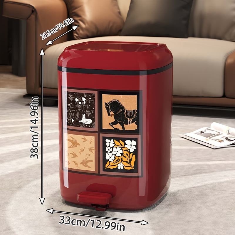 20L\u002F5.28Gal, a Covered Trash Can, Plastic Kitchen Waste Bin, Office Trash Can with an Inner Bucket, Foot-Operated Bathroom Bin, Kitchen Compost Bin, Featuring Unique Patterns And Exquisite Design, Available in White And Burgundy