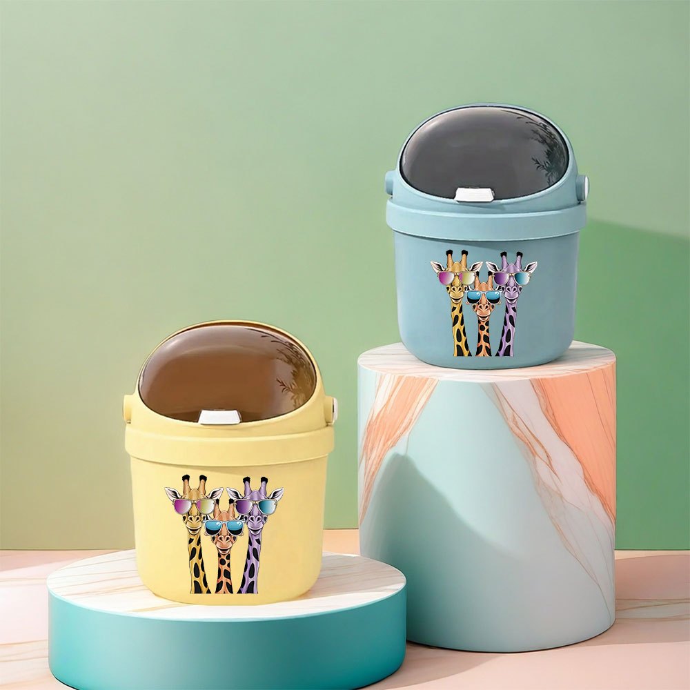 Valentine'S Day Gift, Cute Giraffe with Glasses Desktop Paper Basket, Small Press-Top Waste Bin for Home Office, Living Room Decor, Mini Trash Can with Lid