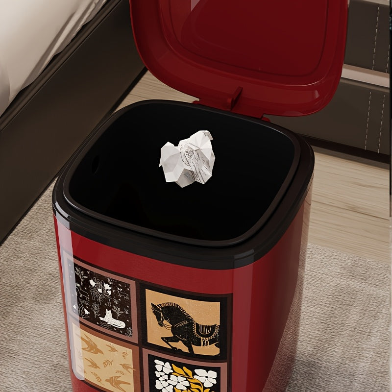 20L\u002F5.28Gal, a Covered Trash Can, Plastic Kitchen Waste Bin, Office Trash Can with an Inner Bucket, Foot-Operated Bathroom Bin, Kitchen Compost Bin, Featuring Unique Patterns And Exquisite Design, Available in White And Burgundy
