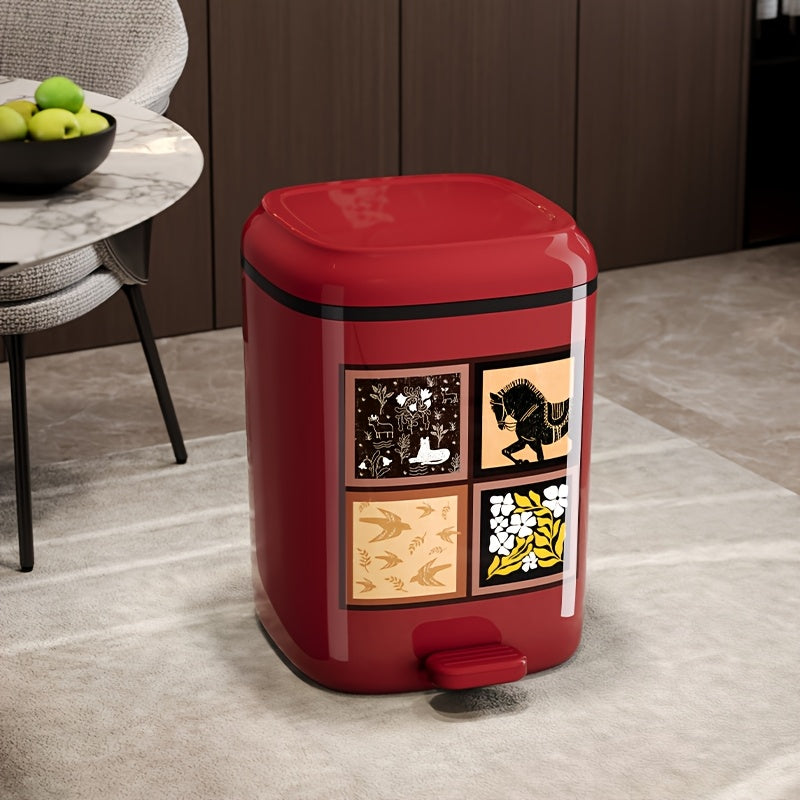 20L\u002F5.28Gal, a Covered Trash Can, Plastic Kitchen Waste Bin, Office Trash Can with an Inner Bucket, Foot-Operated Bathroom Bin, Kitchen Compost Bin, Featuring Unique Patterns And Exquisite Design, Available in White And Burgundy