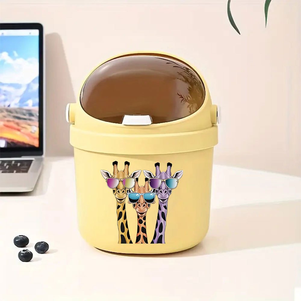 Valentine'S Day Gift, Cute Giraffe with Glasses Desktop Paper Basket, Small Press-Top Waste Bin for Home Office, Living Room Decor, Mini Trash Can with Lid