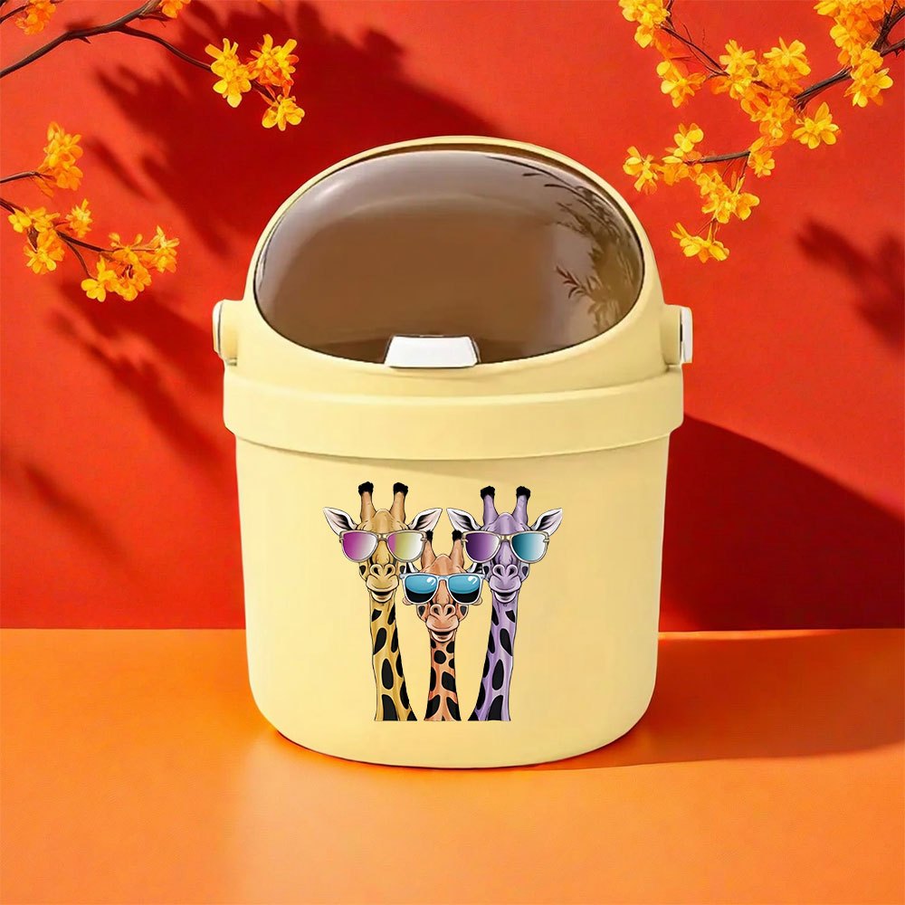 Valentine'S Day Gift, Cute Giraffe with Glasses Desktop Paper Basket, Small Press-Top Waste Bin for Home Office, Living Room Decor, Mini Trash Can with Lid