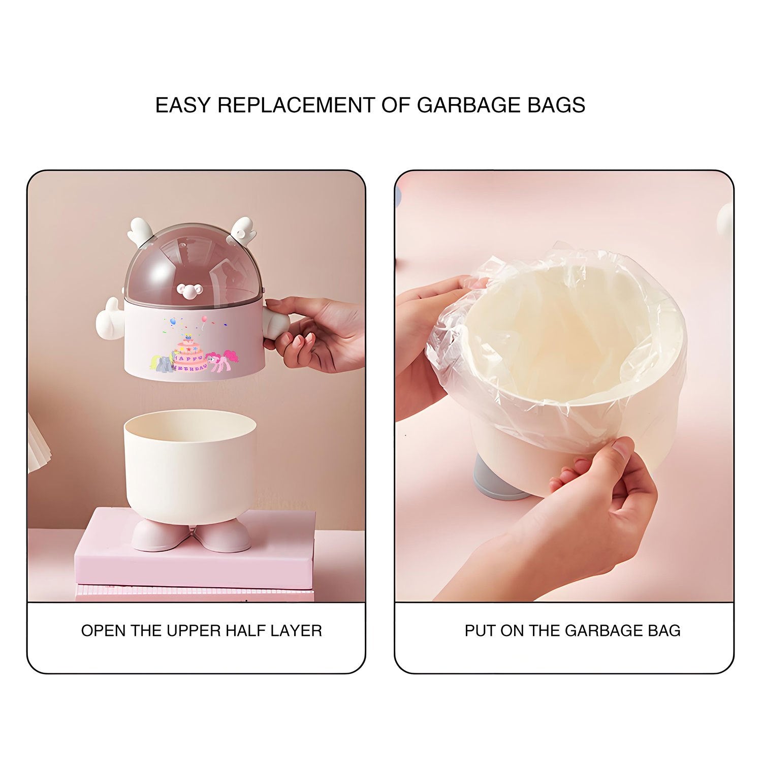 MY LITTLE PONY Plastic Trash Bin with Lid | Bedroom Countertop Waste Bin, Office Small Trash Can with Ear Decorations, Transparent Top, Cute Round Shape, Thumbs Up Gesture