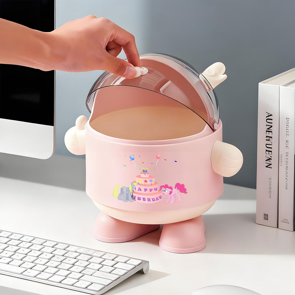 MY LITTLE PONY Plastic Trash Bin with Lid | Bedroom Countertop Waste Bin, Office Small Trash Can with Ear Decorations, Transparent Top, Cute Round Shape, Thumbs Up Gesture