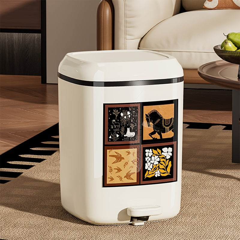 20L\u002F5.28Gal, a Covered Trash Can, Plastic Kitchen Waste Bin, Office Trash Can with an Inner Bucket, Foot-Operated Bathroom Bin, Kitchen Compost Bin, Featuring Unique Patterns And Exquisite Design, Available in White And Burgundy